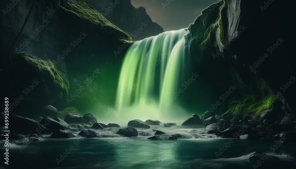 Majestic mountain, flowing water, tranquil scene, blurred motion, green forest generated by AI