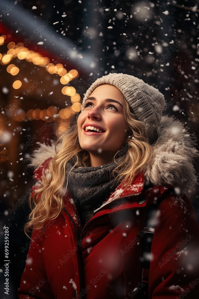 A blonde young woman wearing jacket and scarf in snowy night. A blonde young woman wearing jacket and scarf in snowy night.