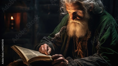 old man reading in a dark castle in medieval robes
