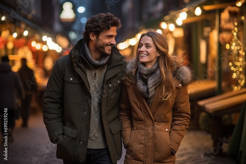Young couple in love walking in the Christmas market.