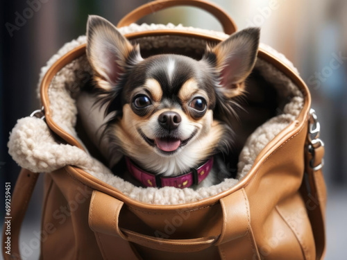 Blissful Chihuahua - Close-up of a joyful Chihuahua's face inside a cozy handbag with blurred background Gen AI