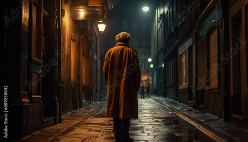 A solitary figure walks through the dark city streets at night generated by AI