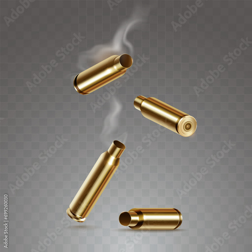 Smoking golden-colored spent cartridges fall down. Falling bullet cases in realistic 3d style. Isolated on transparent background. Vector illustration. photo