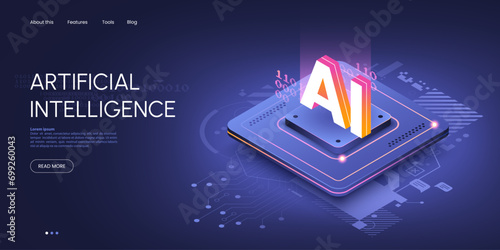 Artificial intelligence technology isometric illustration. Isometric CPU chip with glowing letters AI on top. Machine learning web page concept. Vector illustration