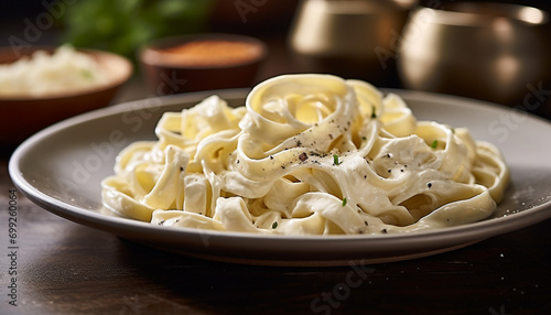 Fresh homemade pasta on a rustic wooden plate, ready to eat and delicious generated by AI