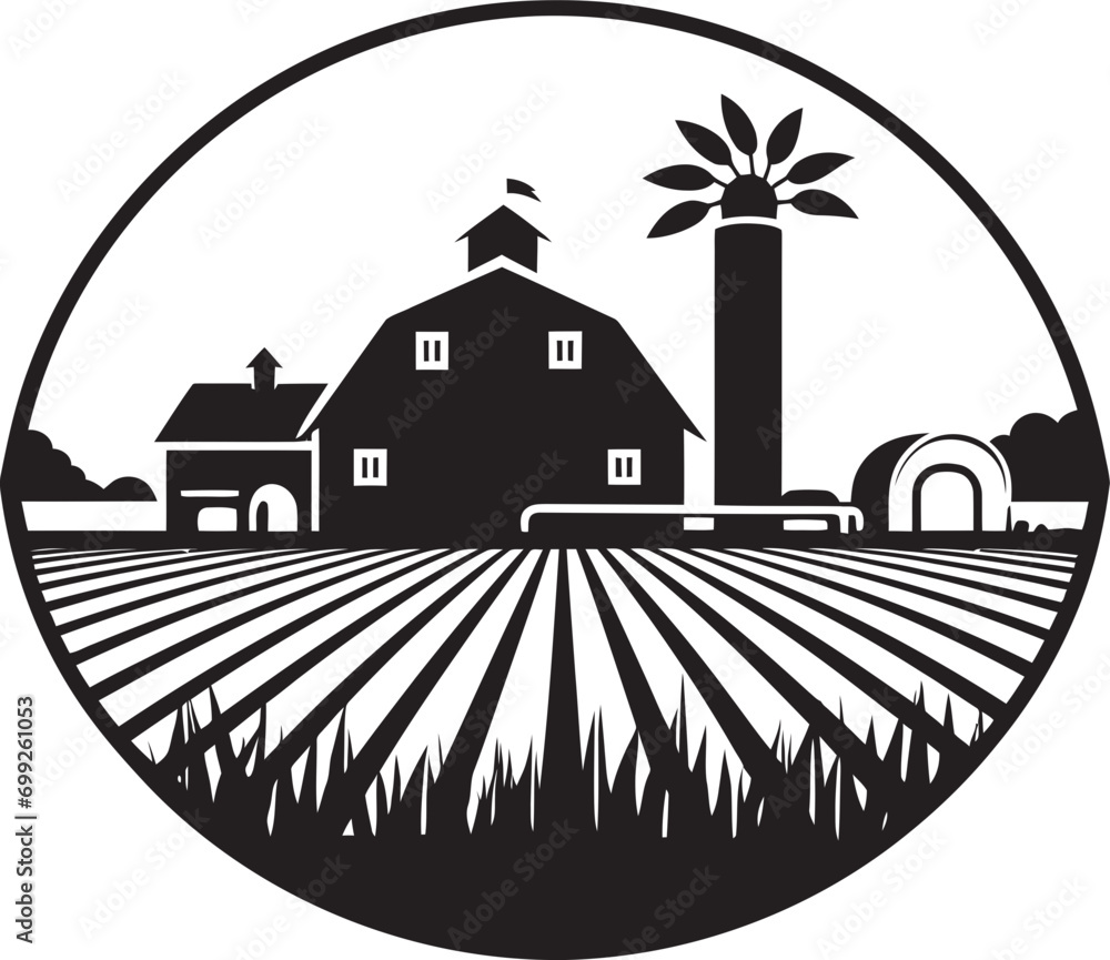 Naklejka premium Homestead Tranquility Black Emblem Design Countryside Legacy Vector Farmhouse Logo