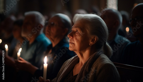 A group of seniors praying together, illuminated by candlelight generated by AI