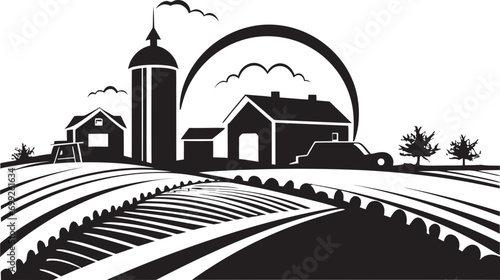 Farmstead Radiance Agricultural Farmhouse Emblem Agrarian Haven Black Vector Logo for Farm Life