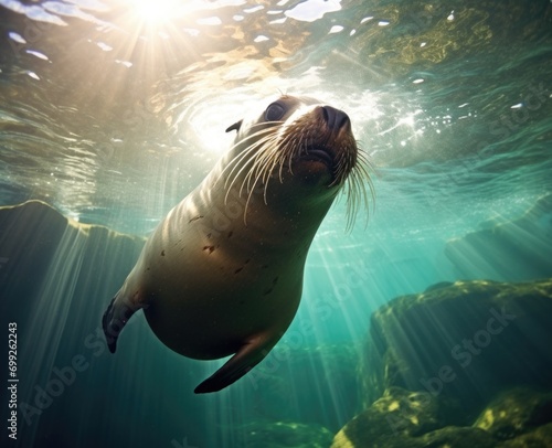 Sea lion swimming underwater in tidal lagoon