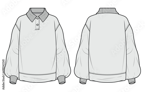 Drop Shoulder Bishop Sleeve Collared Sweater T-Shirt Front and Back View. Fashion Flat Sketch Vector Illustration, CAD, Technical Drawing, Flat Drawing, Template, Mockup.