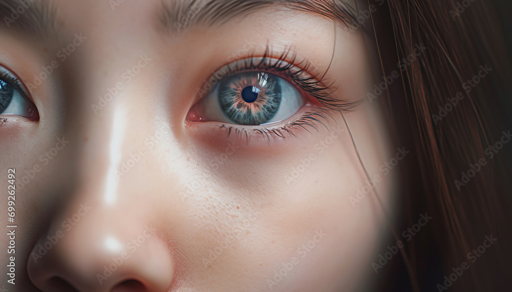 Fototapeta premium Close up of a cute woman blue eye, staring at camera generated by AI