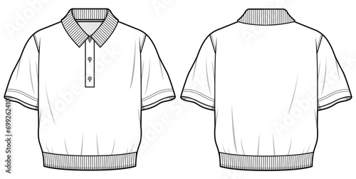 Polo Collared Oversized Rib Waist Sweater T-Shirt  Front and Back View. Fashion Flat Sketch Vector Illustration, CAD, Technical Drawing, Flat Drawing, Template, Mockup.