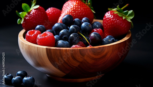 Freshness of nature bounty ripe  juicy berries on wooden table generated by AI