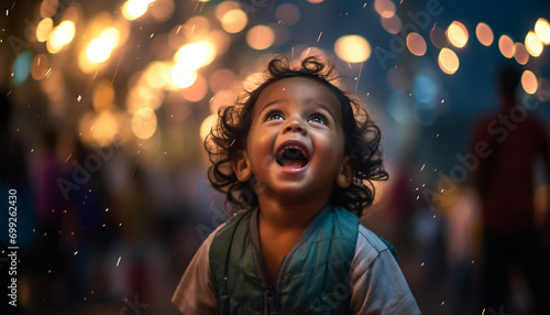 Smiling child enjoys outdoor winter celebration, illuminated by Christmas lights generated by AI