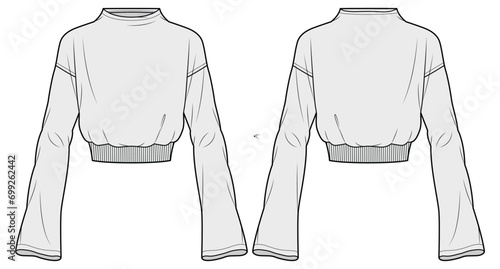 High Neck Bell Sleeve Drop Shoulder Crop Top Front and Back View. Fashion Illustration, Vector, CAD, Technical Drawing, Flat Drawing, Template, Mockup.