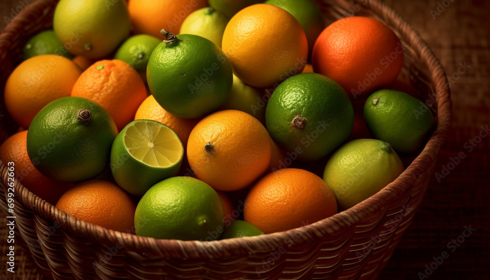 Fresh, organic citrus fruits in a wicker basket, vibrant and healthy generated by AI Fresh, organic citrus fruits in a wicker basket, vibrant and healthy generated by AI