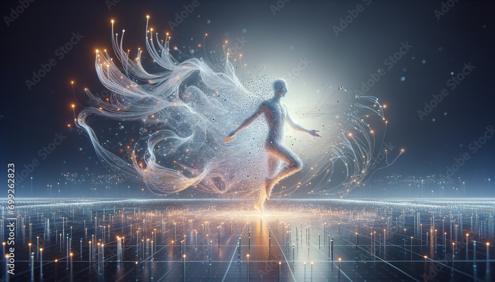 Fluid Data Integration: Human-Technology Interaction in Futuristic Aesthetic. Fluid Data Integration: Human-Technology Interaction in Futuristic Aesthetic.