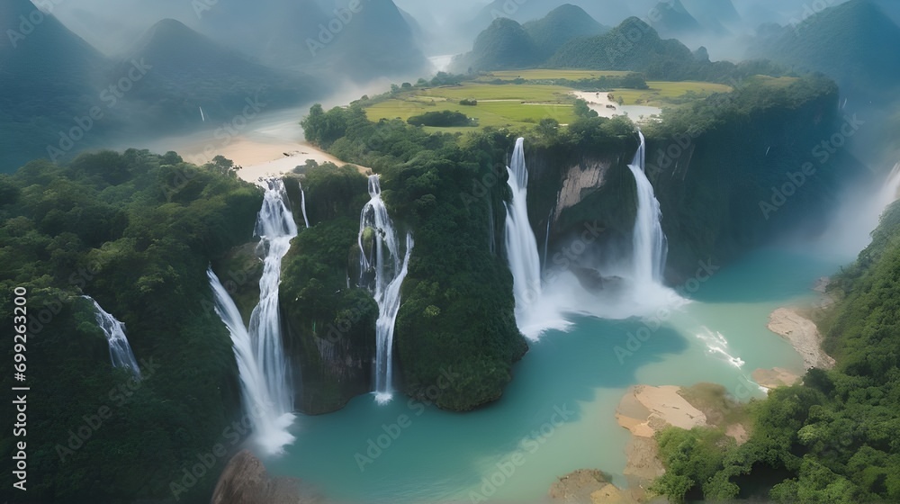Royalty high quality image aerial view of “ Ban Gioc “ waterfall, Cao Bang, Vietnam. “ Ban Gioc “ . Aerial view