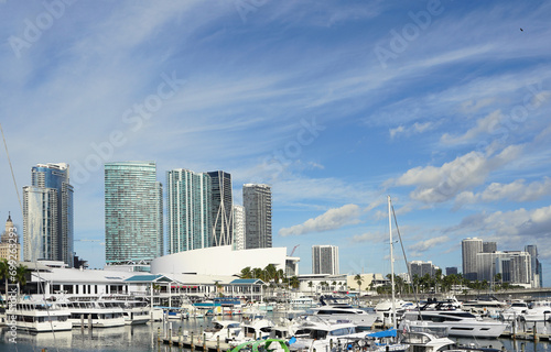  View of downtown Miami from Bayfront Park with marina and boats in the foreground