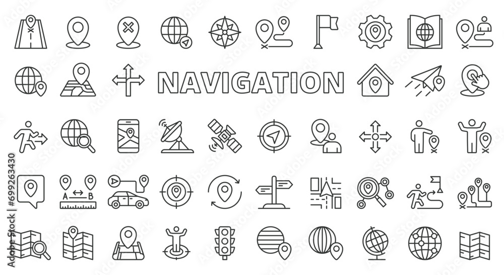 Navigation Location icons in line design. Map, destination, place, point, GPS, distance, destination, navigation, road, way, transport, waypoint, icons isolated on white background vector. - obrazy, fototapety, plakaty 