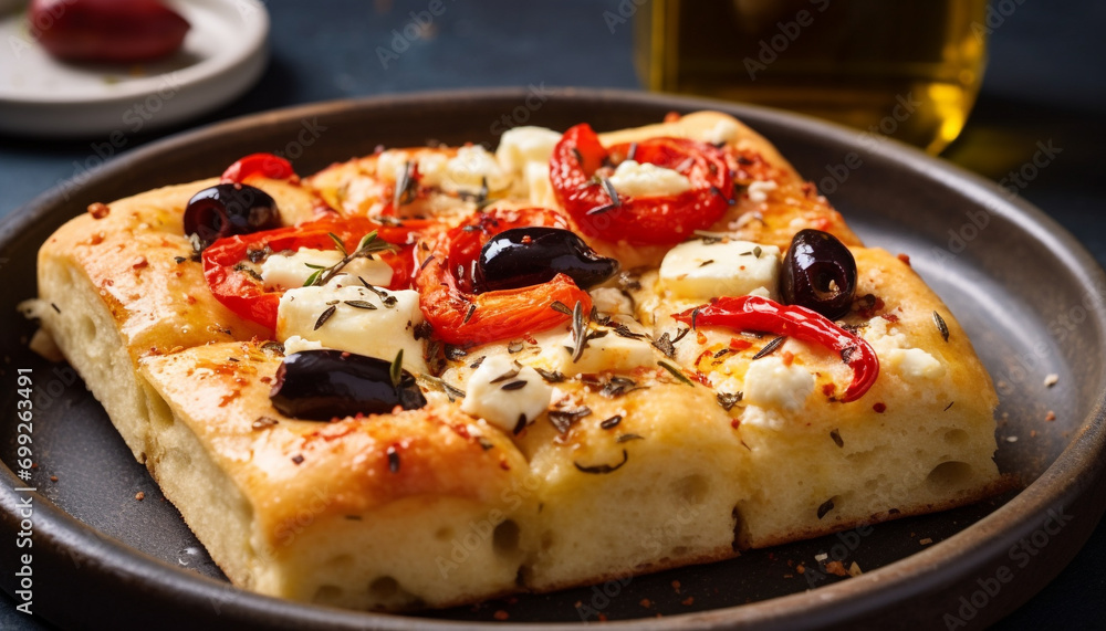 A fresh, homemade, vegetarian pizza on a rustic wooden table generated by AI A fresh, homemade, vegetarian pizza on a rustic wooden table generated by AI