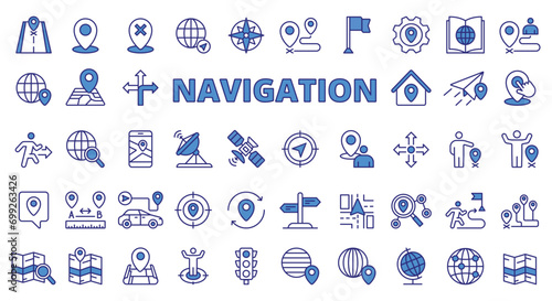 Navigation Location icons in line design blue. Map, destination, place, point, GPS, distance, destination, navigation, road, way, transport, waypoint, icons isolated on white background vector.