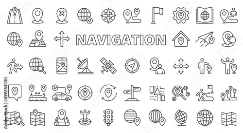 Navigation Location icons in line design. Map, destination, place, point, GPS, distance, destination, navigation, road, way, transport, waypoint, icons isolated on white background vector.