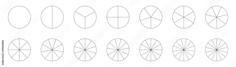 Segmented charts. Pizza chart template. Diagram wheel parts. Collection of pie charts. Many number of sectors divide the circle on equal parts. Set of segments infographic. Outline black thin graphics Segmented charts. Pizza chart template. Diagram wheel parts. Collection of pie charts. Many number of sectors divide the circle on equal parts. Set of segments infographic. Outline black thin graphics