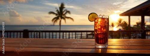 Glass of iced cola on table, tropical beach in the background, sunset