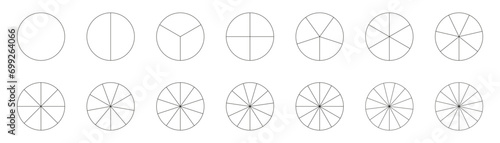 Segmented charts. Pizza chart template. Diagram wheel parts. Collection of pie charts. Many number of sectors divide the circle on equal parts. Set of segments infographic. Outline black thin graphics
