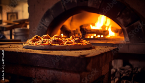 Freshly baked pizza in a rustic Italian pizzeria, wood fired and delicious generated by AI