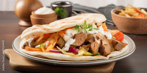 Gyros or kebab with fresh pita, roasted gyros meat and mixed vegetables with garlic sauce