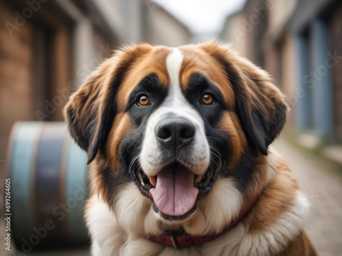 Close-up of a Happy Saint Bernard Dog with a Rescue Barrel Collar - Abstract and Symbolic Elements Gen AI photo