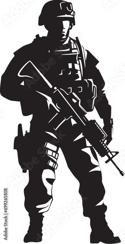 Combat Ready Guardian Armed Soldier Emblem in Black Tactical Defender Armyman Vector Logo Icon Design
