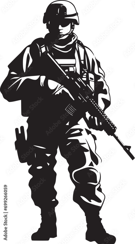 Obraz premium Tactical Defender Armyman Vector Logo Icon Design Battle Ready Sentinel Black Logo of an Armed Warrior