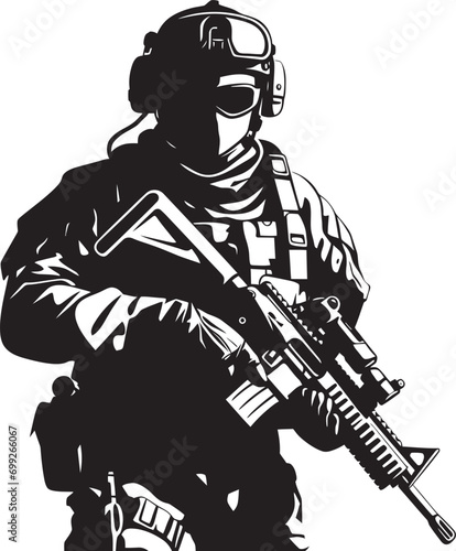 Strategic Vigilance Vector Black Armyman Icon Militant Precision Armed Forces Emblem Design