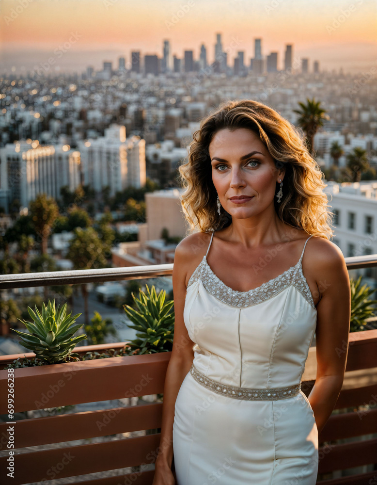 Fototapeta premium photo of beautiful woman standing at balcony with city building in background, generative AI