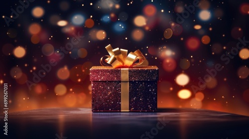 red christmas gift box with gold ribbon, in front of blurred christmas background © grigoryepremyan
