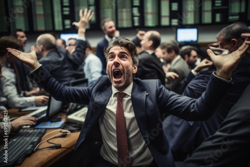 A stock trader shouting hysterically among traders in exchange hall during a market crash in stock exchange.
