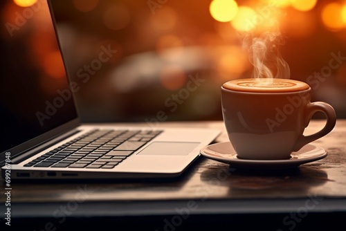 Close-up of a laptop keyboard with a coffee mug