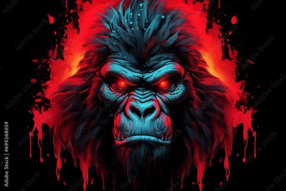 Gorilla head with red eyes multicolor drawing, t-shirt design vector illustration