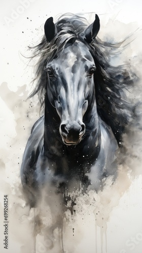 Black Horse Portrait. Illustration in watercolor style. Concept of freedom and beauty of wild animal. Perfect for equestrian enthusiasts, wall art, web design, print on items. Vertical format