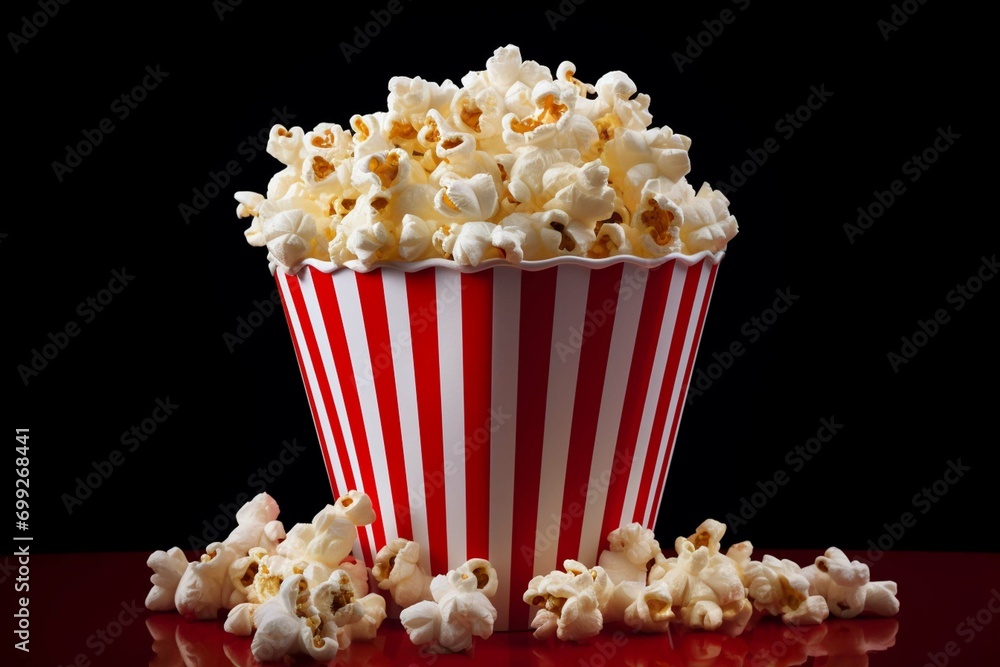 Red white paper bucket full of popcorn on isolated transparent background