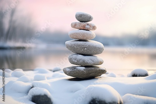 Stack of pebbles or stones on winter outdoor background