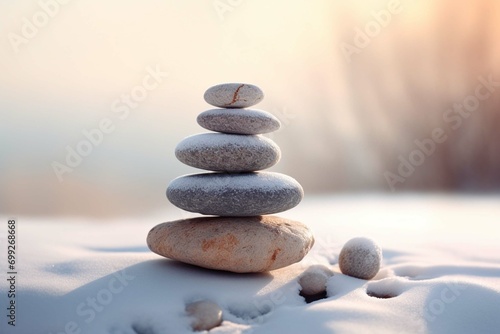 Stack of pebbles or stones on winter outdoor background