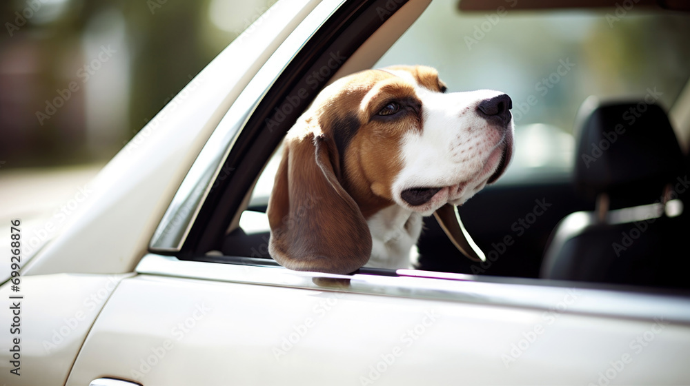 Beagle dog sitting on a back seat of a car, opened window