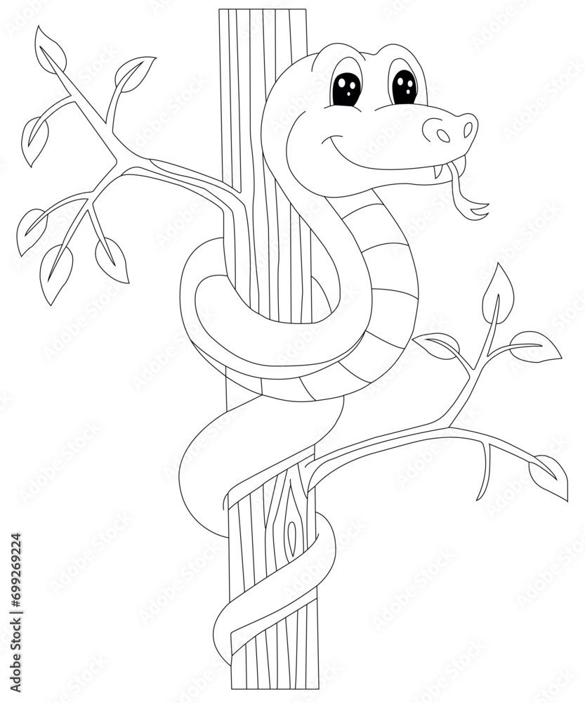 Fototapeta premium Cute cartoon snake outline illustration wrapped around tree branch for kids coloring design
