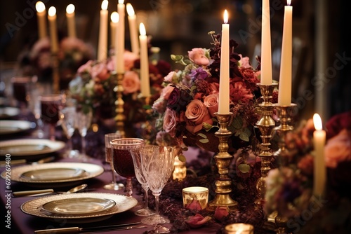 Vintage charm meets modern elegance in this candlelit dinner setting with a rich floral decoration and fine tableware photo