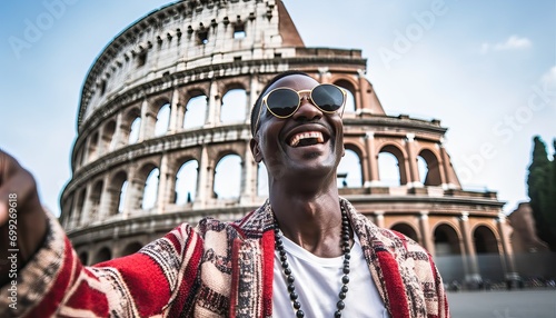 Happy tourist visiting Italy , Young man taking selfie in front of famous Italian landmark, Travel and holidays