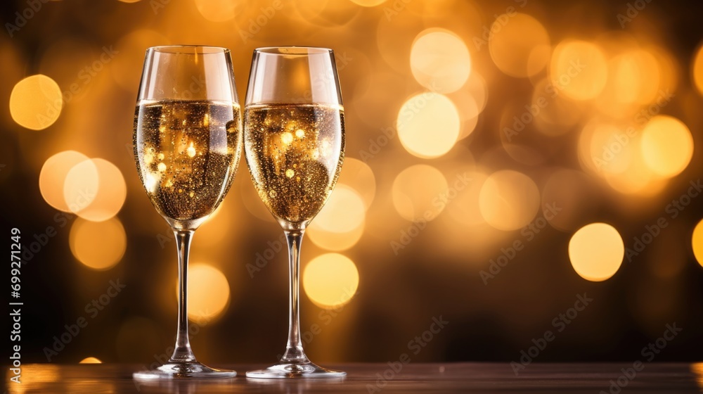 two glasses of champagne in front of blurry golden lights two glasses of champagne in front of blurry golden lights